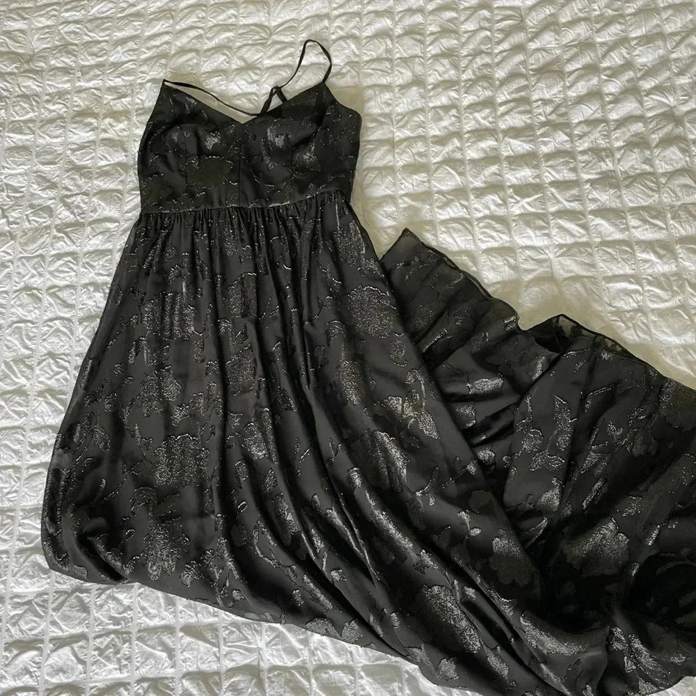 Fame and Partners black embroidered metallic sheer maxi dress